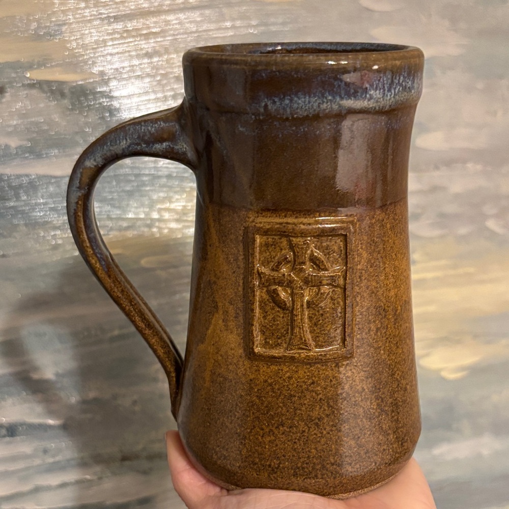 Brown Ceramic Mug with Embossed Cross Pottery large
